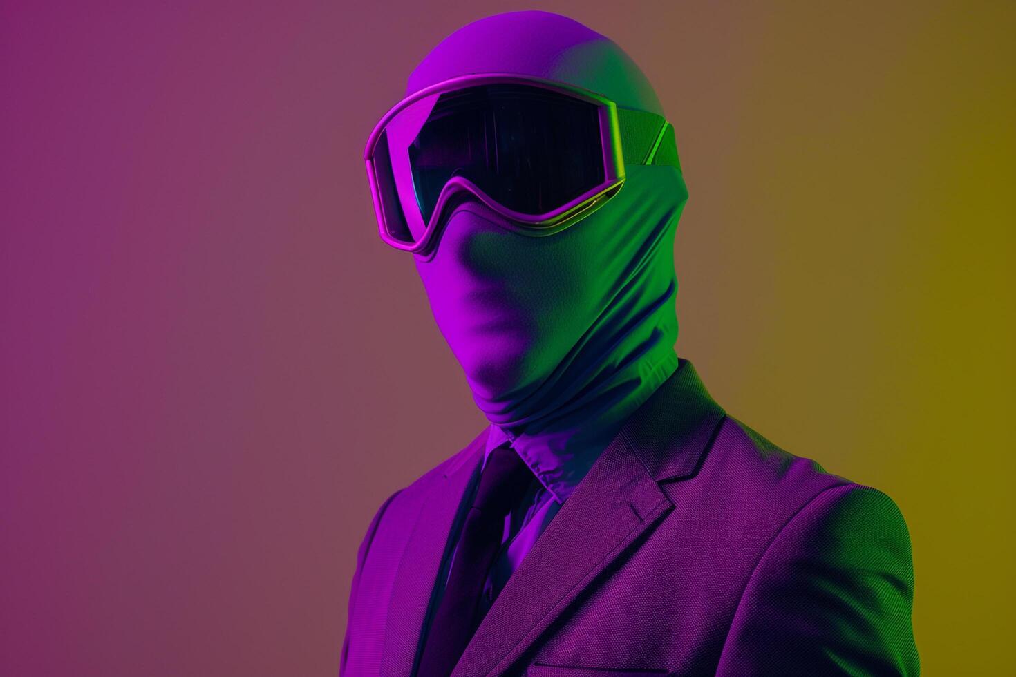 High end Fashion portrait of Handsome Male Model in Trendy Suit Featuring Neon purple Ski Mask and Vibrant Green Male Background photo