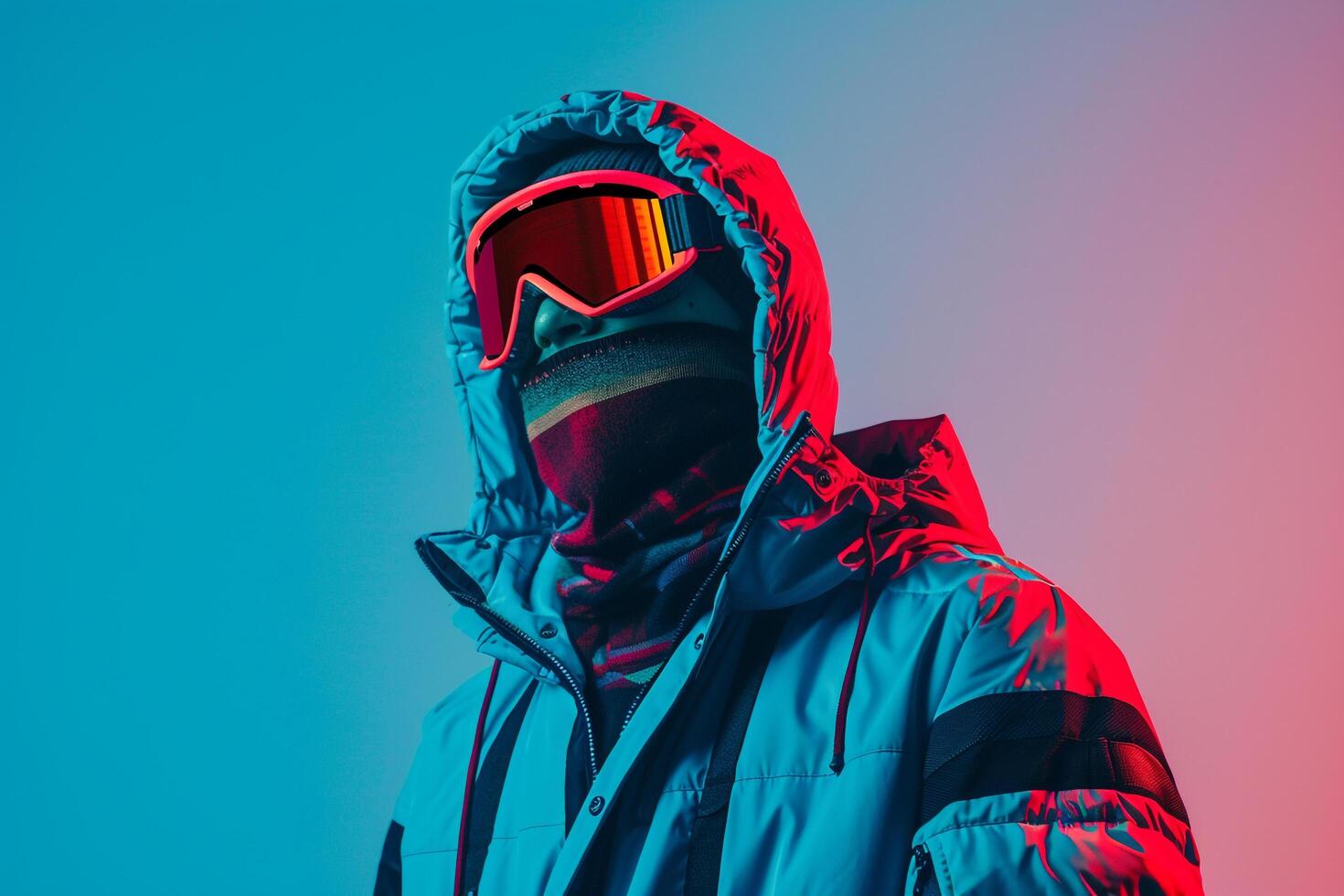 Trendy Fashion portrait of Handsome Male Model in Jacket with Neon Red Ski Mask and Cool Blue Male Background photo