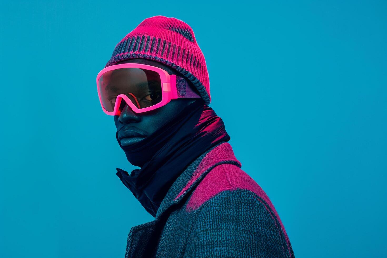 High end Fashion portrait of Handsome Male Model in Trendy Overcoat with Neon pink Ski Mask and Teal Lifestyle Background photo