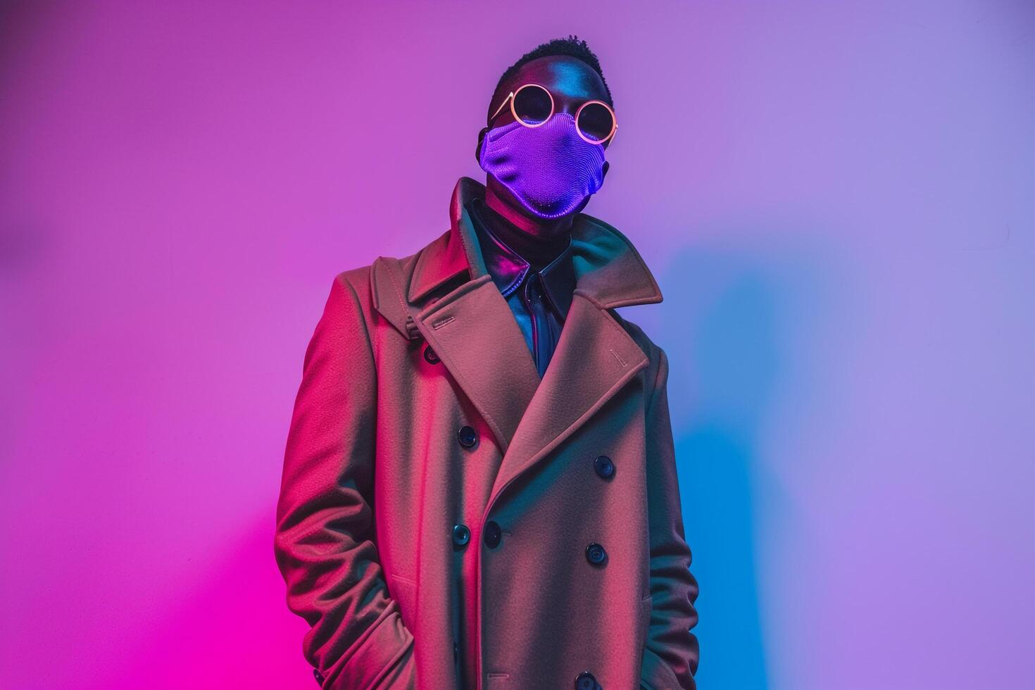 High end Fashion portrait of Handsome Male Model in Trendy Overcoat with Neon purple Sneaker Mask and Blue Lifestyle Background photo
