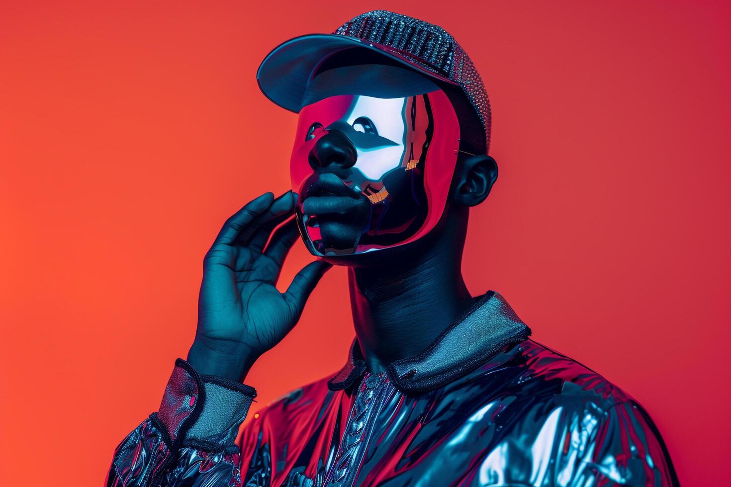 Chic Fashion Model in Trendy Jacket and Face Mask Neon Coral Background Contemporary Male Lifestyle portrait photo