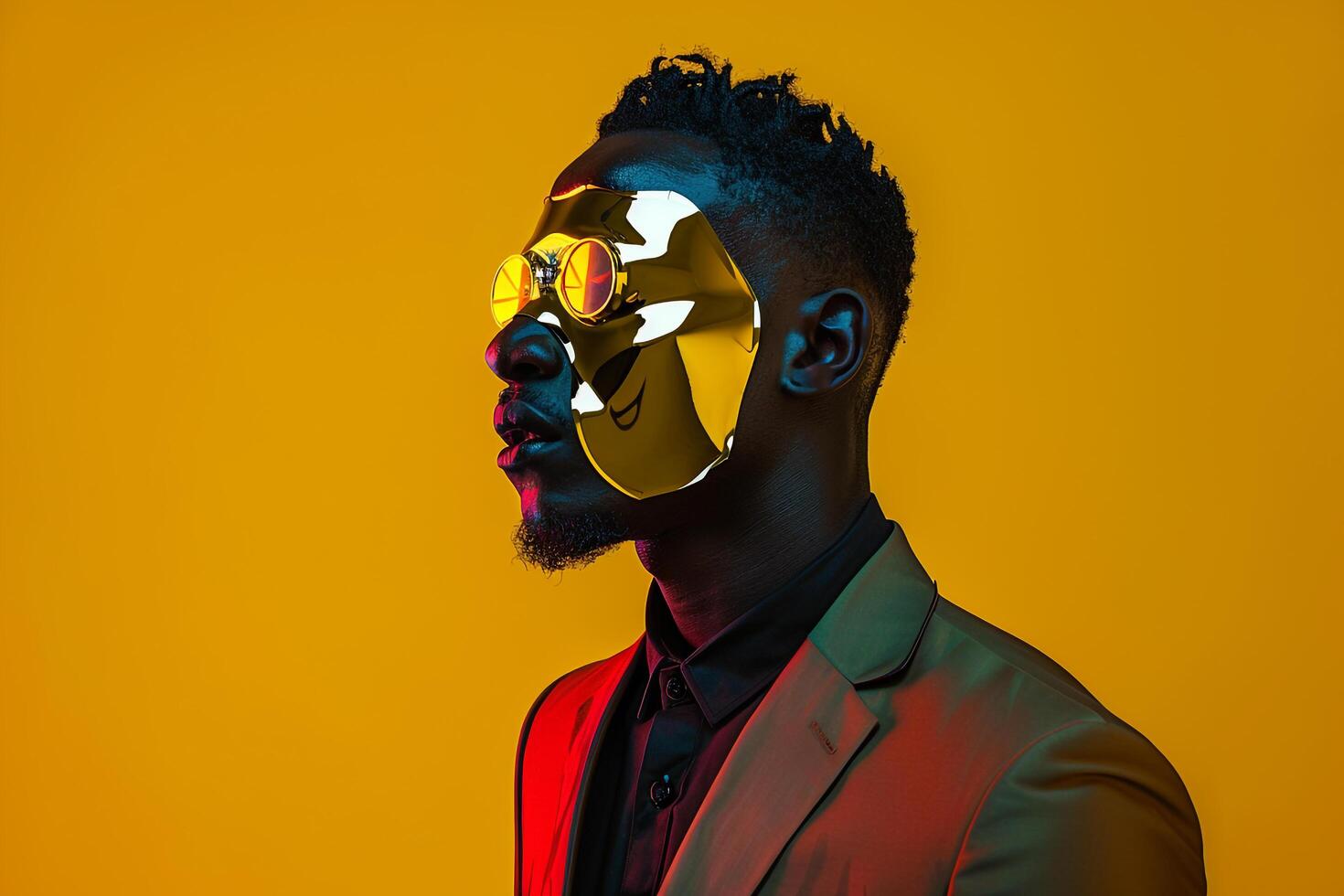 Fashionable Male Model in Trendy Suit with Trendy Face Mask Neon Yellow Background Modern Lifestyle portrait photo