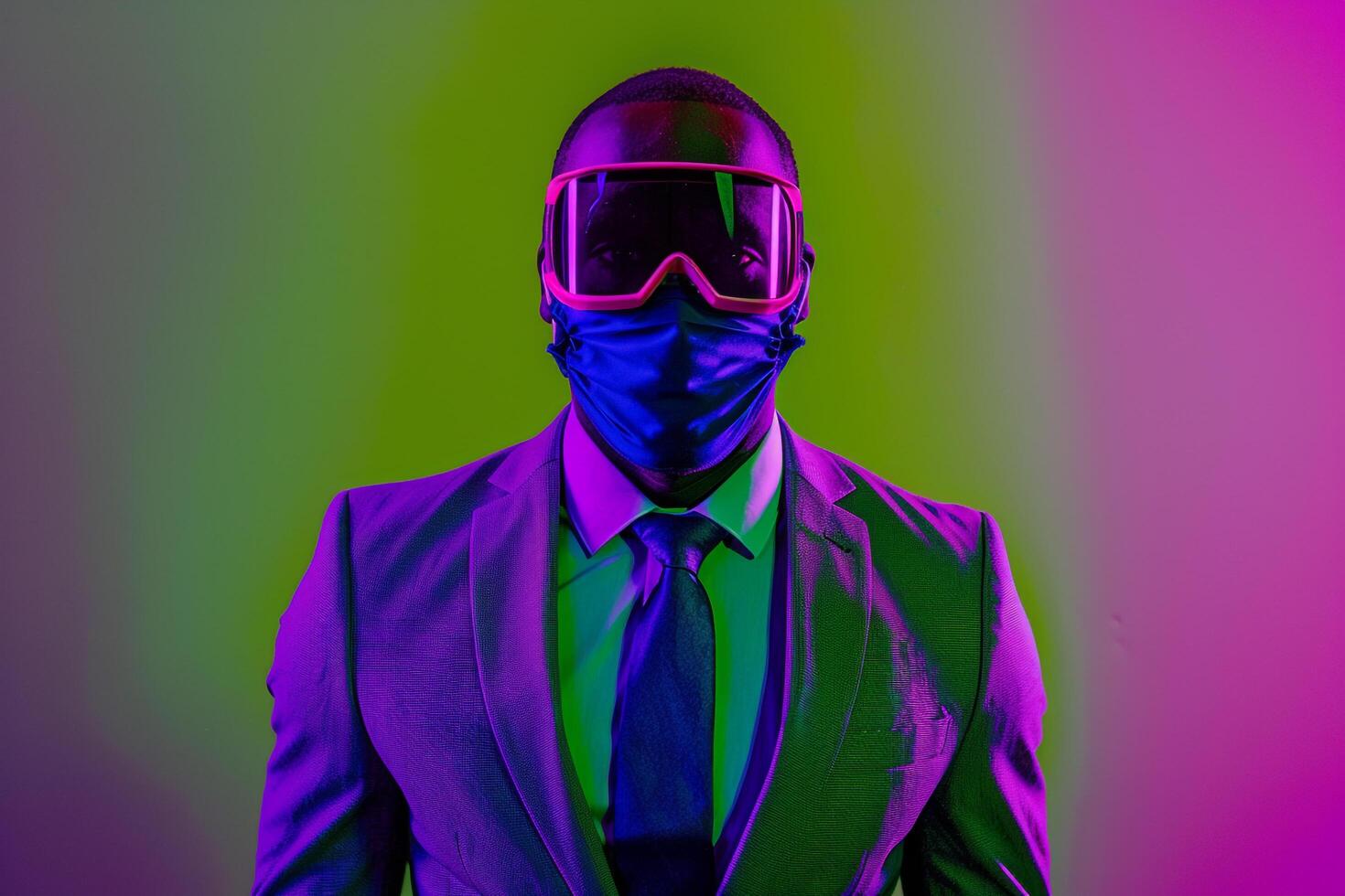 Fashionable Male Model in Stylish Suit with Neon purple Ski Mask Neon Green Background Contemporary Lifestyle portrait photo