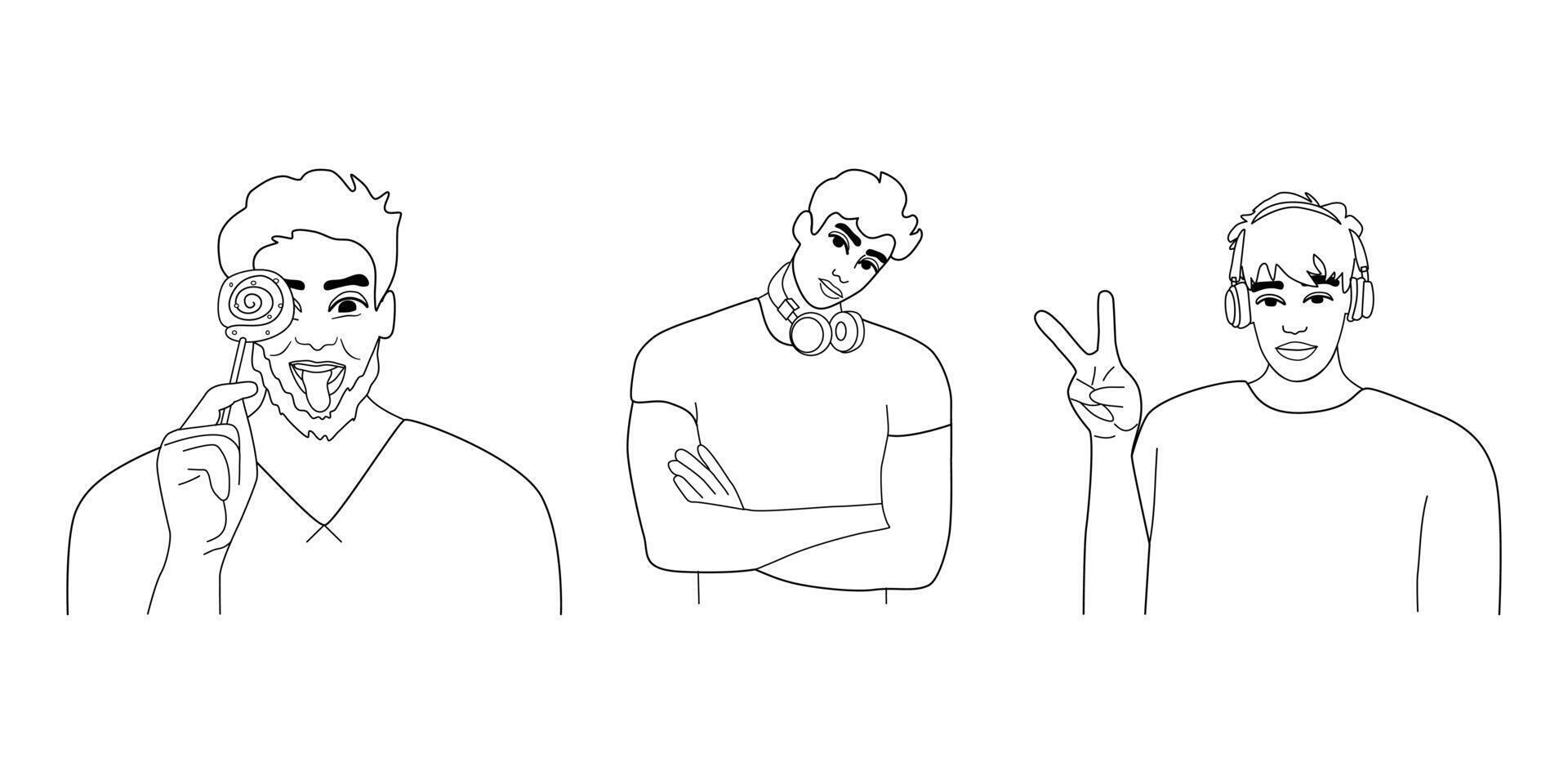 Minimalistic portraits of handsome guys. Young cool men. Linear illustrations of fashionable boys. vector
