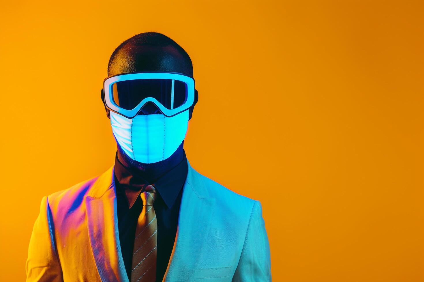 Stylish Male Fashion Model in Casual Suit with Neon Blue Ski Mask and Neon Yellow Background Modern Lifestyle portrait photo