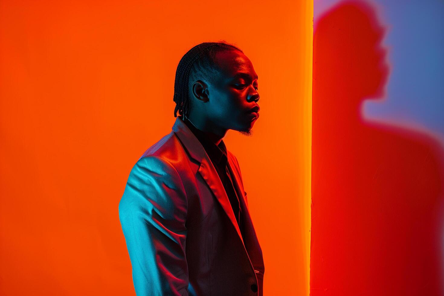 Stylish Fashion Model in Tailored Jacket with Neon Orange Background Modern Lifestyle portrait photo