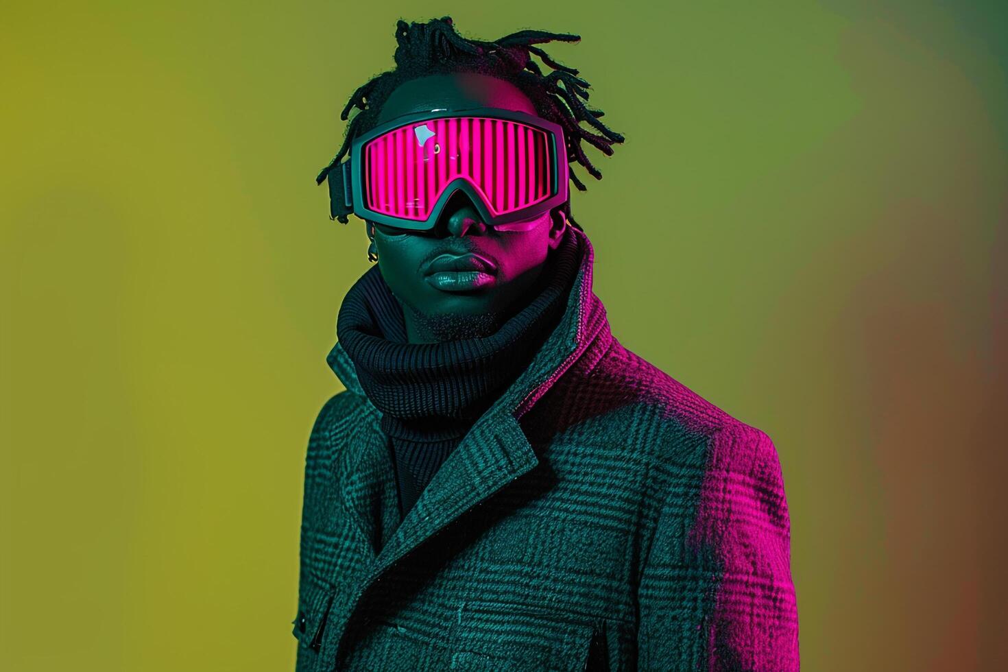 Fashion Model in Trendy Overcoat with Neon pink Ski Mask and Neon Green Background Modern Male Lifestyle Image photo