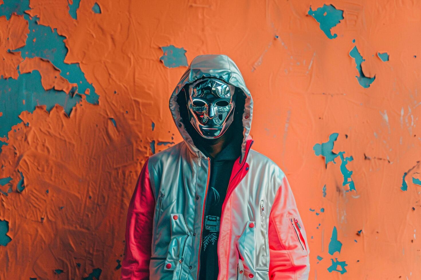 Fashion Model in Trendy Jacket with Face Mask and Neon Coral Background Stylish Male Lifestyle portrait photo