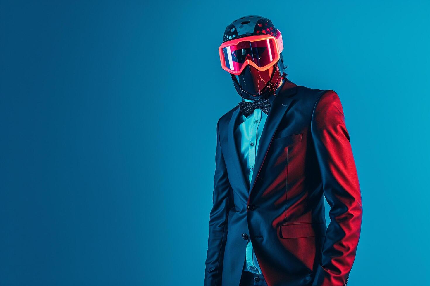 Trendy Fashion Model in Suit with Neon Coral Ski Mask and Neon Blue Background Modern Male Lifestyle photo