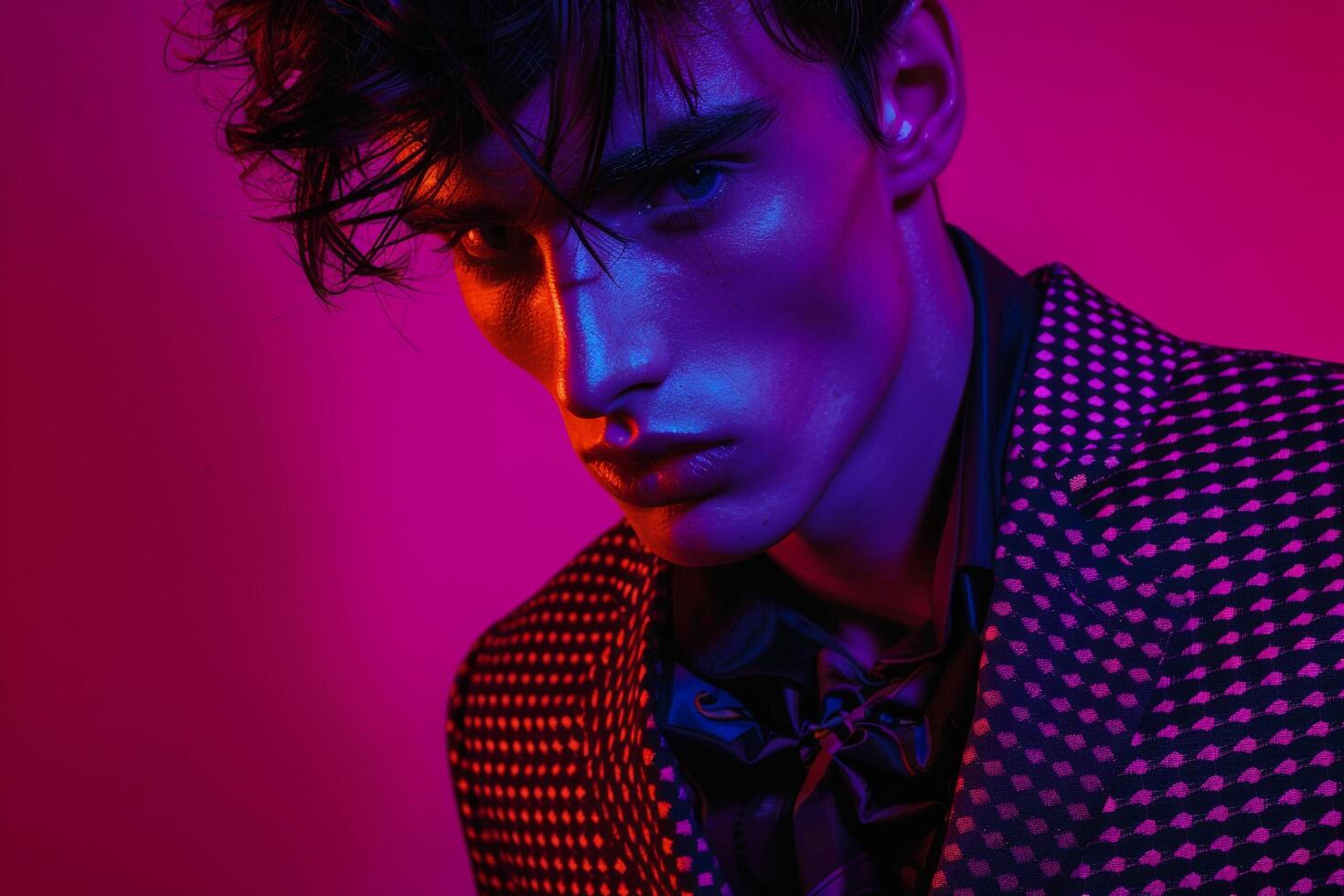 Fashion Model in patterned Suit with Neon purple Background Modern Male Lifestyle portrait photo