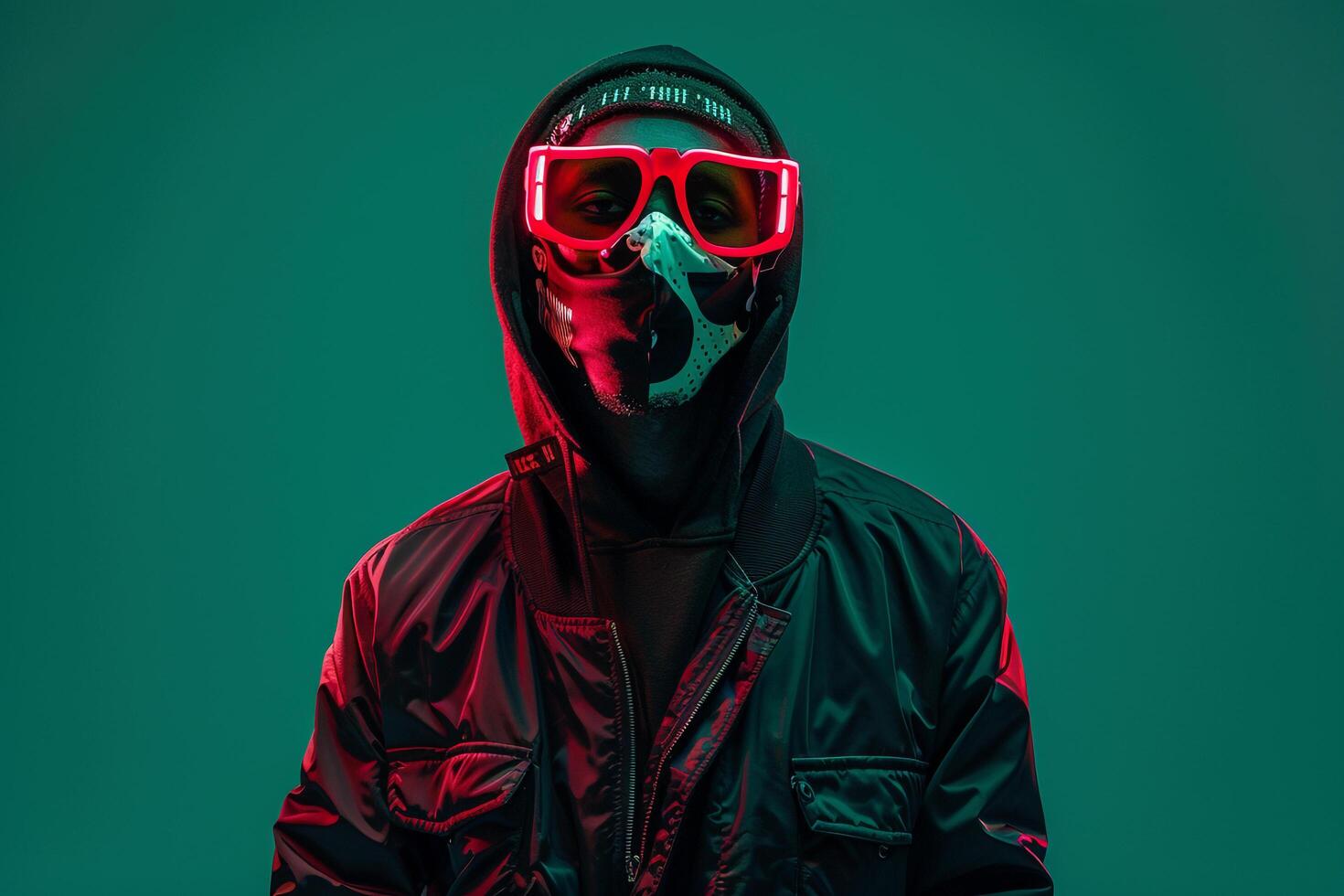Trendy Fashion Model in Jacket with Neon Red Sneaker Mask and Neon Green Background Stylish Male Lifestyle photo