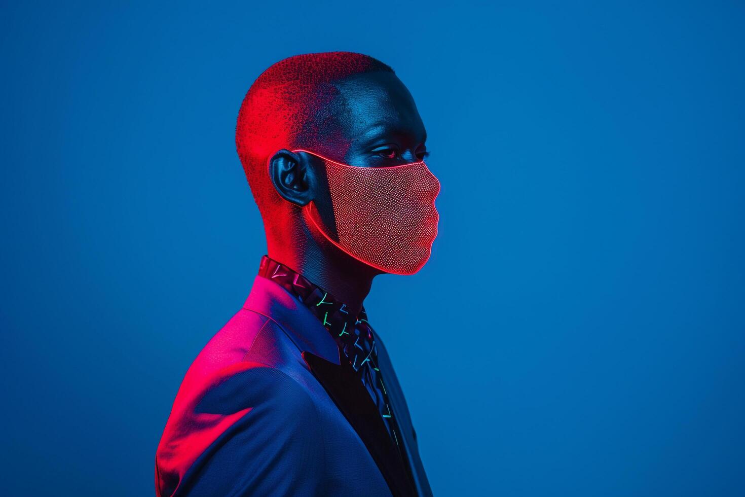 Casual Blazer Fashion Model with Neon Red Sneaker Mask and Neon Blue Background Stylish Male Lifestyle photo
