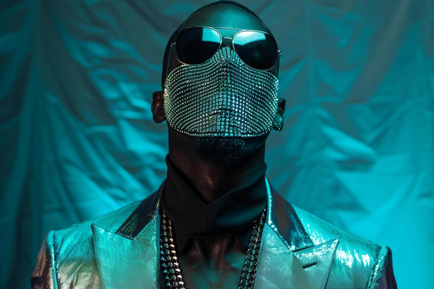 Fashion Model in Casual Blazer with Face Mask and Neon Teal Background Stylish Male Lifestyle photo