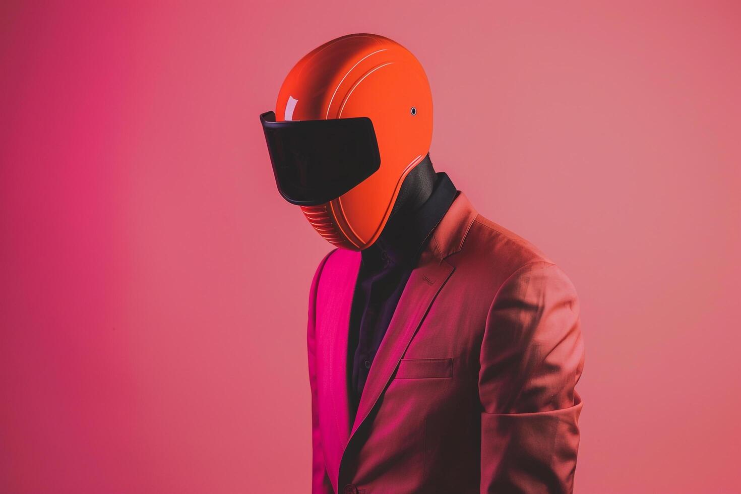 Chic Fashion Model in Casual Suit with Neon Orange Ski Mask and Neon Coral Cloth High end Fashion and Style portrait photo