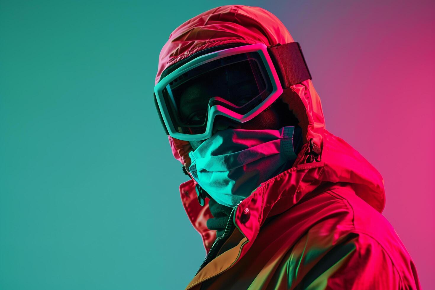 Fashion Model in Trendy Jacket with Neon Coral Ski Mask and Neon Green Cloth High end Fashion portrait photo