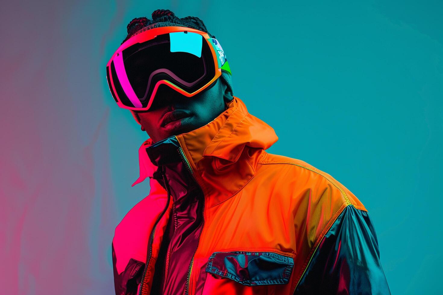 Stylish Fashion Model in Trendy Jacket with Neon Coral Ski Mask and Neon Green Background High end Fashion Showcase photo