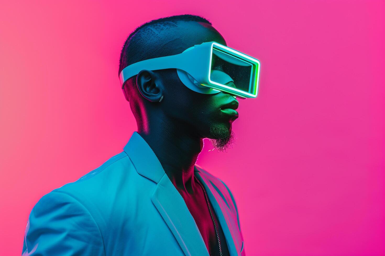 Chic Fashion Model in Trendy Blazer with Neon Aqua Sneaker Mask and Neon pink Cloth High end Fashion portrait photo