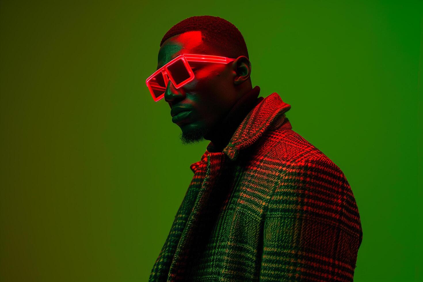 Fashion Model in Trendy Overcoat with Neon Red Sneaker Mask and Neon Green Background Featuring Stylish and Sophisticated Lifestyle portrait photo