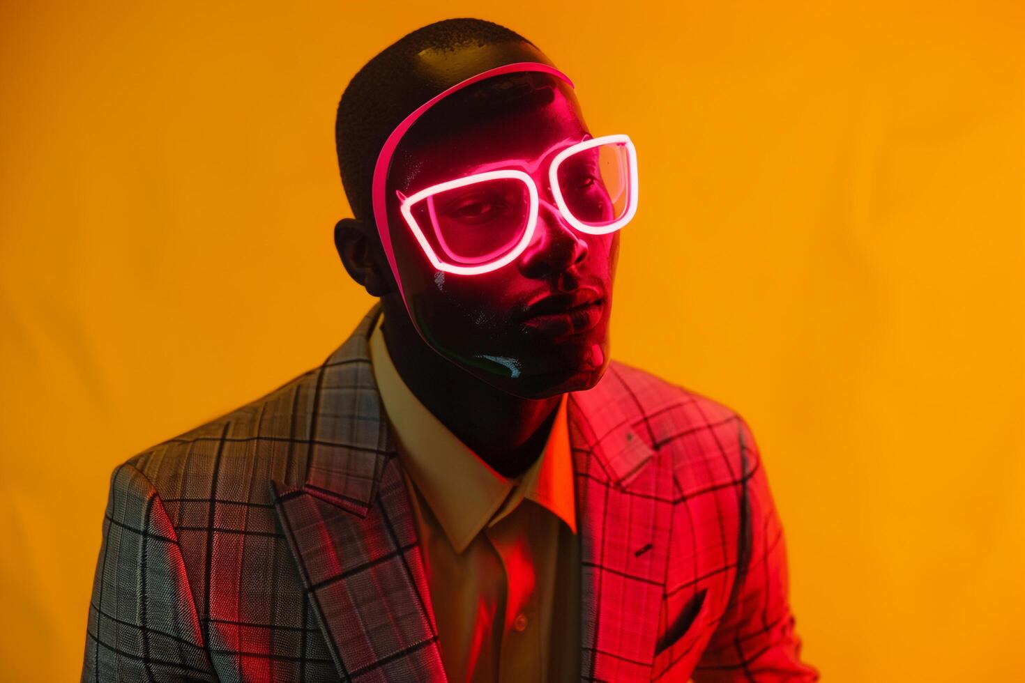 Trendy Male Fashion Model in Blazer with Neon Red Sneaker Mask and Neon Yellow Background Featuring a Stylish Contemporary Lifestyle portrait photo