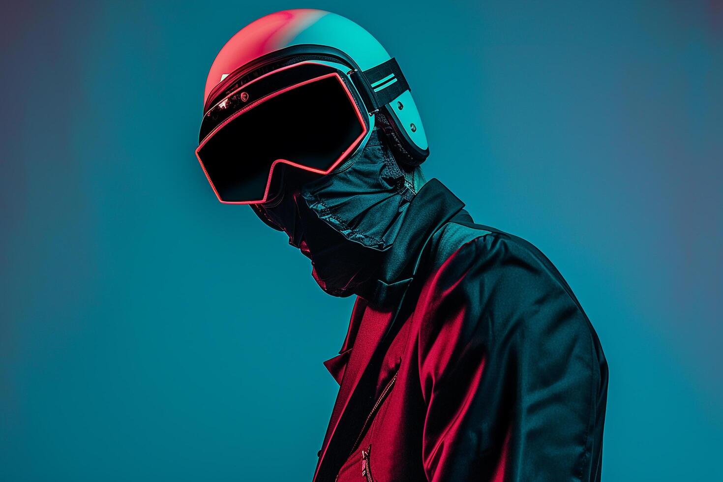 Casual Blazer Male Fashion Model with Neon Black Ski Mask and Neon Teal Background emphasizing a Modern Stylish Lifestyle portrait photo