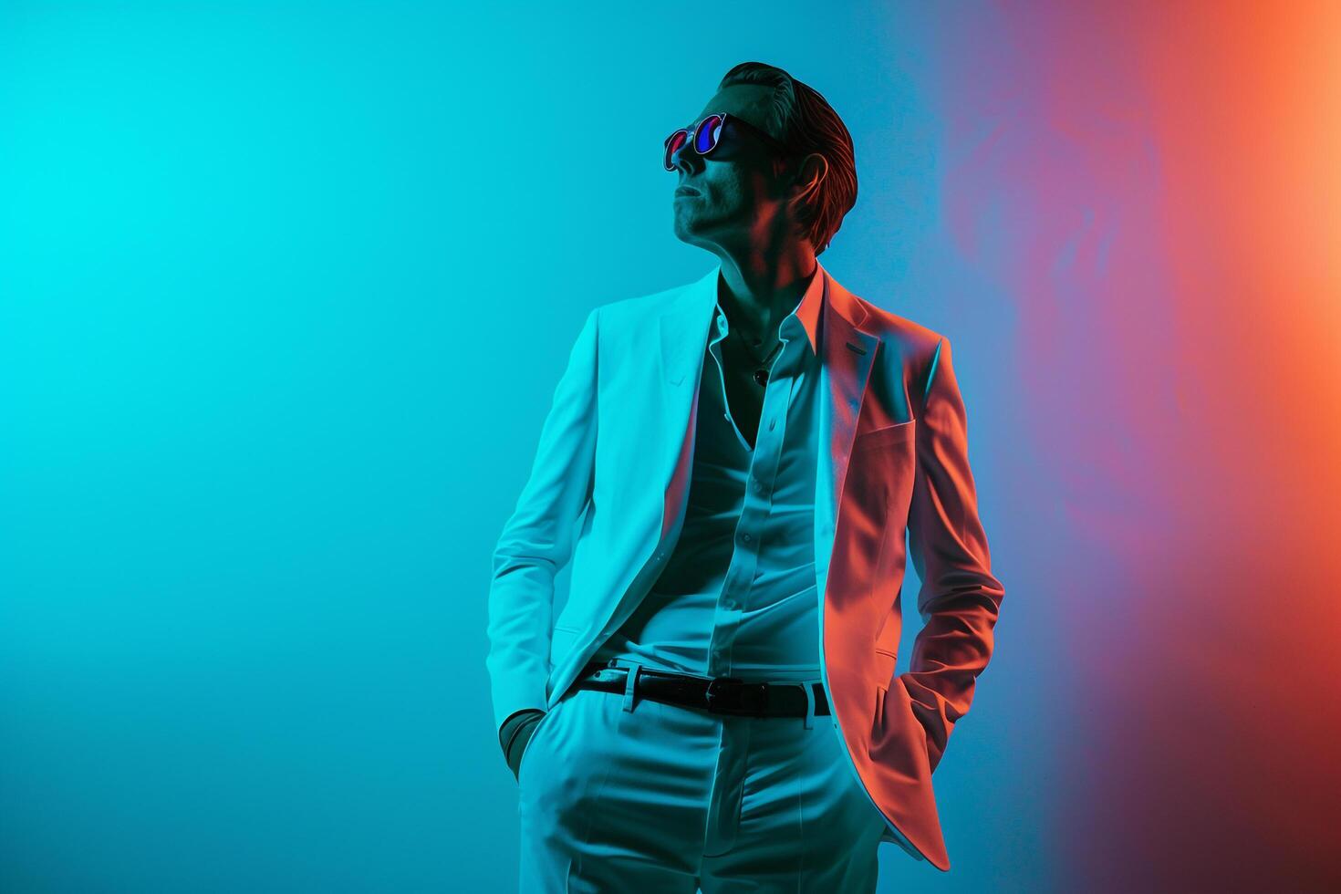 Casual Suit Male Fashion Model with Neon Teal Background emphasizing a Stylish Chic Lifestyle portrait photo