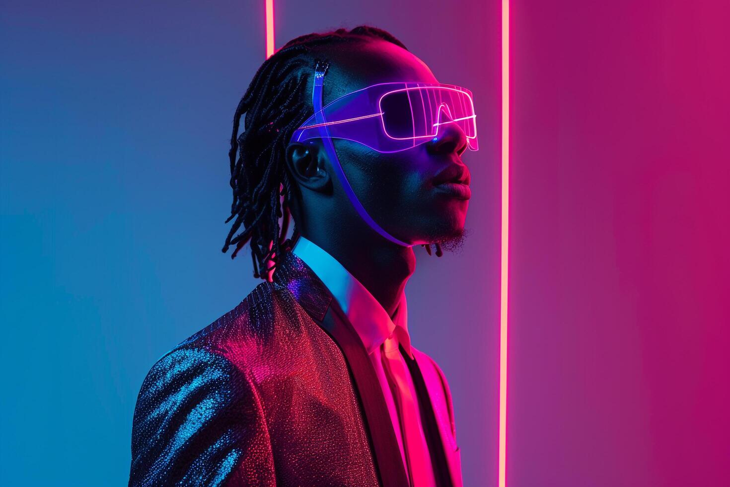 Casual Suit Male Fashion Model with Neon purple Sneaker Mask and Neon Coral Background Showcasing a Modern Stylish Lifestyle portrait photo