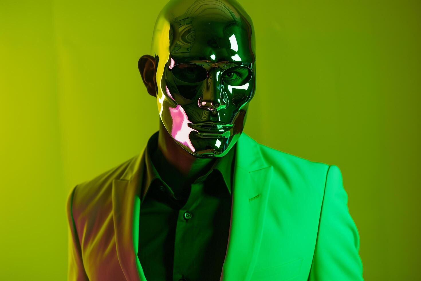 Trendy Blazer and Males Fashion Face Mask Create a Sophisticated and Handsome Lifestyle portrait with Neon Green Background for a Male Fashion Model photo