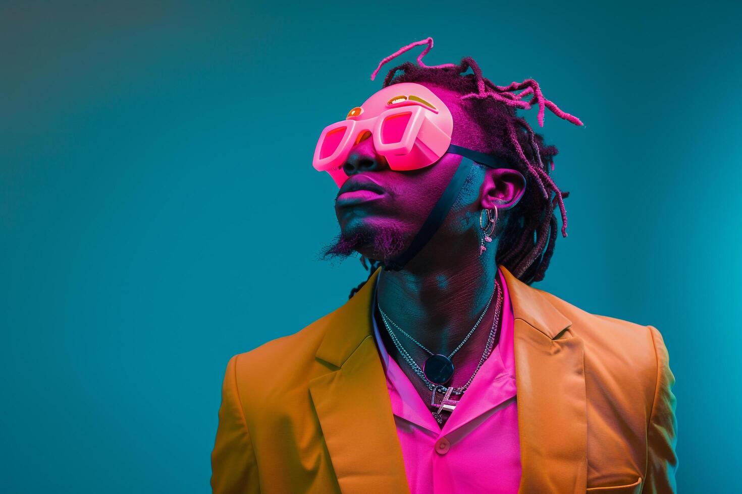Trendy Blazer and Neon pink Sneaker Mask Highlight a High end Fashion Model Against Neon Green Background Showcasing Modern Style photo