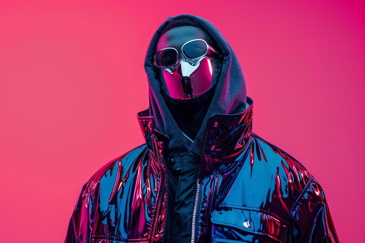 High end Fashion Model in Trendy Jacket with Males Fashion Face Mask and Neon pink Background Featuring a Chic and Stylish portrait photo