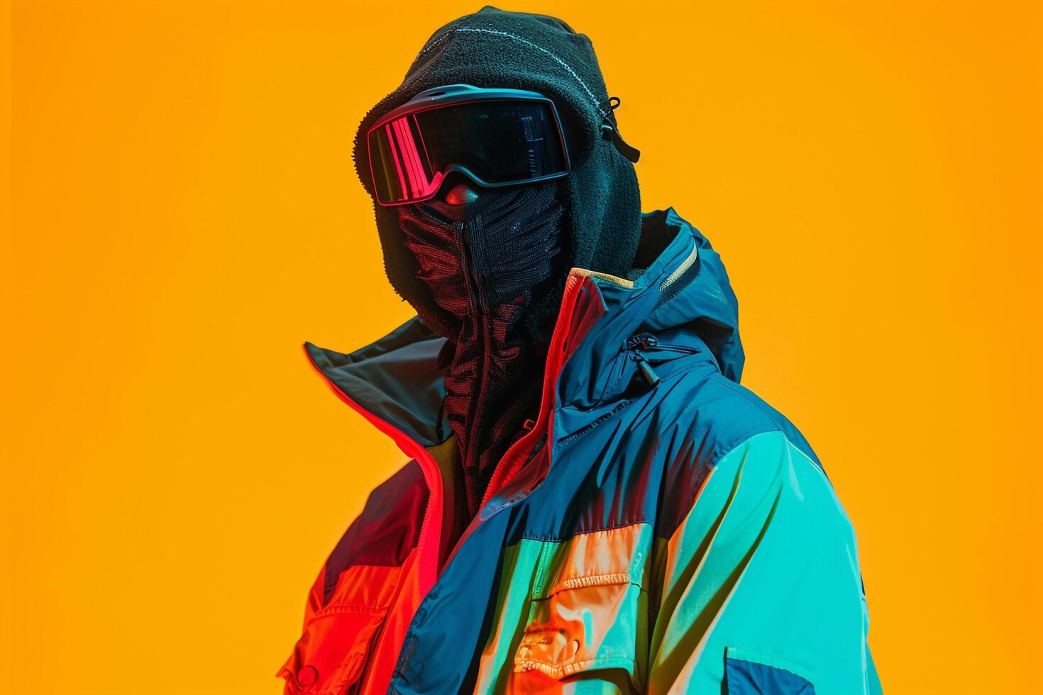 Trendy Jacket and Neon Black Ski Mask Create a Stylish portrait of a Male Fashion Model with Neon Yellow Background photo