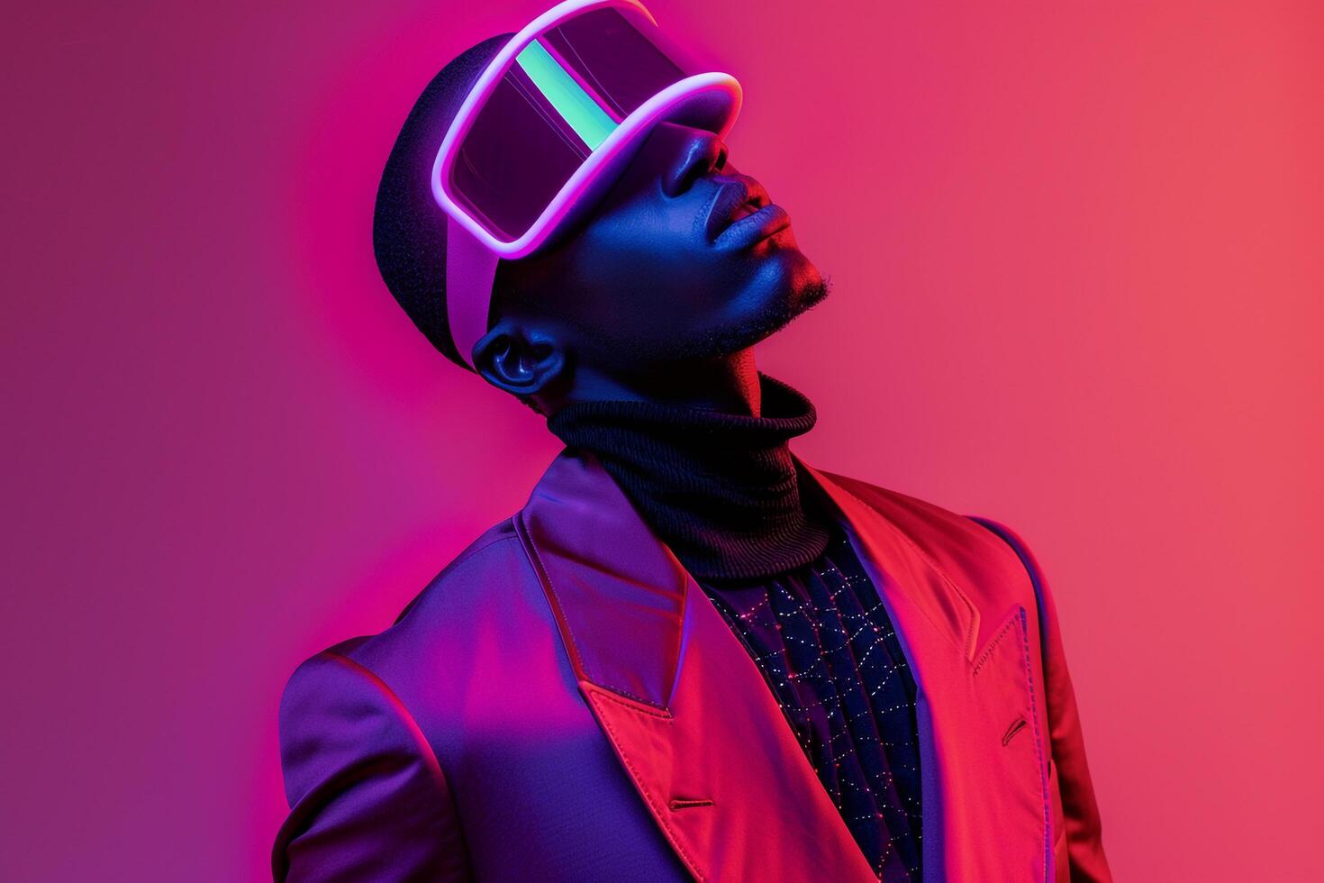 Male Fashion Model in Casual Suit with Neon purple Ski Mask and Neon Coral Background presenting a Trendy and Modern portrait photo