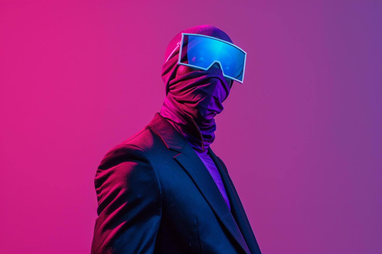 Male Fashion Model in Casual Suit with Neon purple Ski Mask and Neon Coral Background Featuring a Modern and Stylish Lifestyle portrait photo