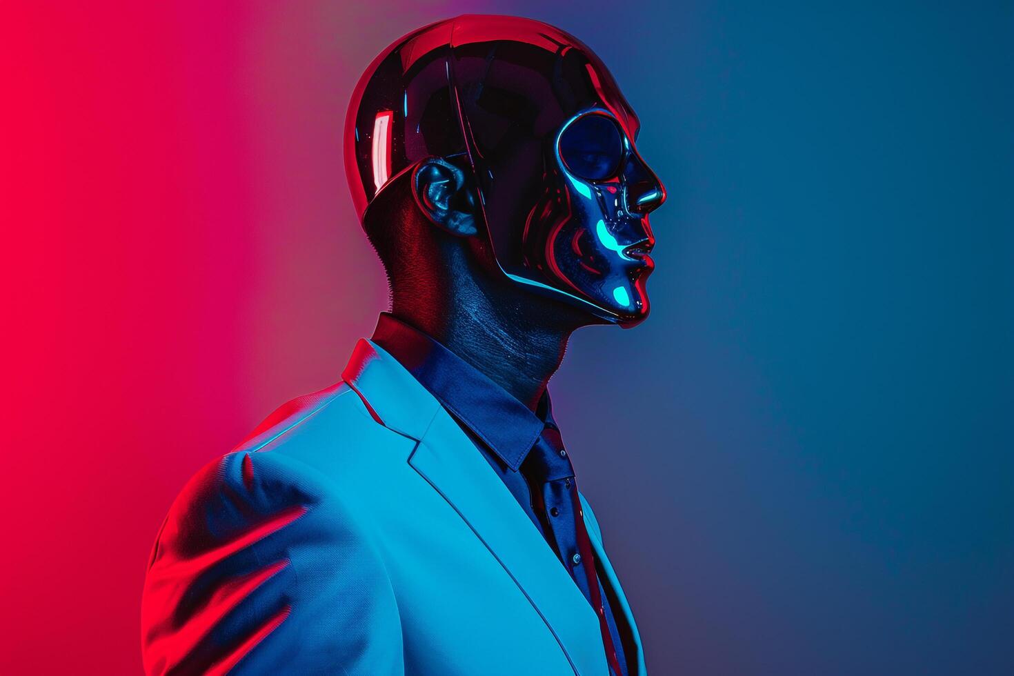 Male Fashion Model in Casual Suit with Males Fashion Face Mask and Neon Blue Background Featuring a Trendy and Modern Look photo