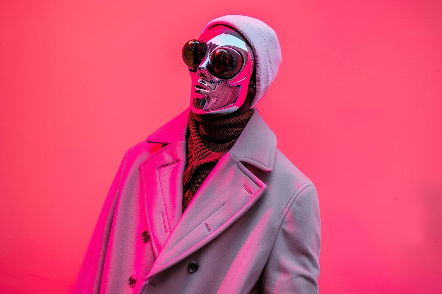 Male Fashion Model in Trendy Overcoat with Males Fashion Face Mask and Neon Coral Background Showcasing a Chic and elegant Look photo