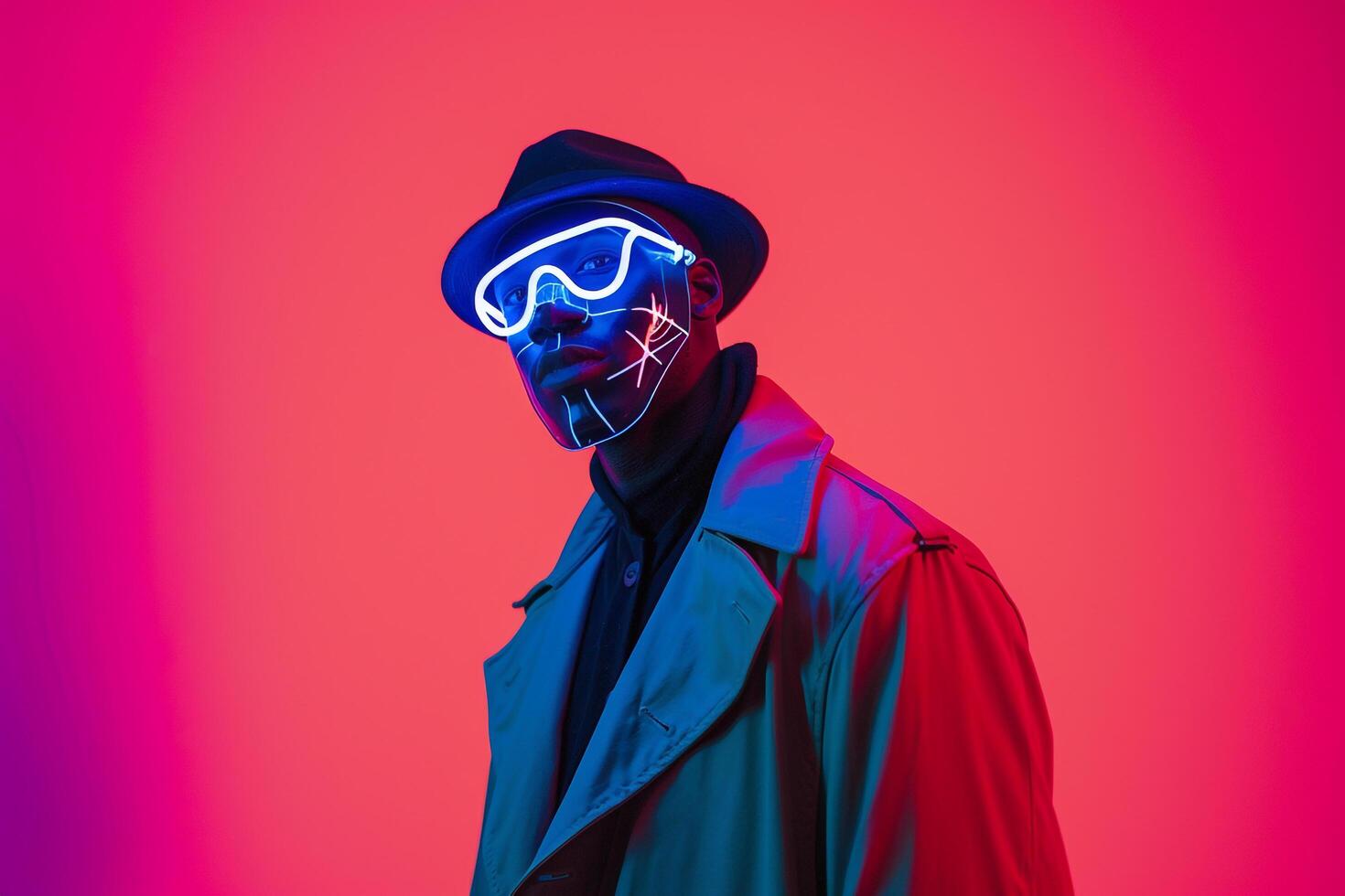 Male Fashion Model in Trendy Overcoat with Neon Aqua Sneaker Mask and Neon pink Background Featuring a Stylish Lifestyle portrait photo