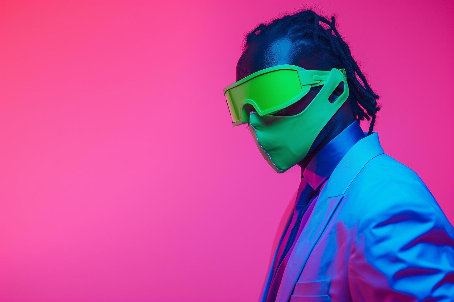 Trendy Blazer and Neon Green Ski Mask Highlight a Male Fashion Model Against Neon Blue Background Featuring a Stylish Look photo