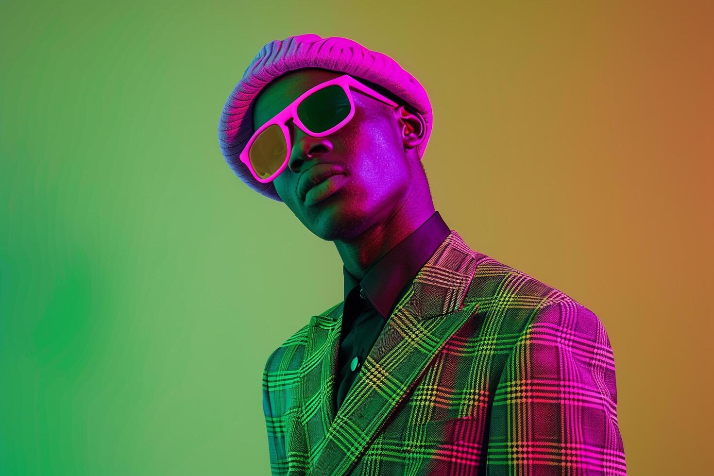 Male Fashion Model in Casual Suit with Neon purple Ski Mask and Neon Green Background Showcasing a Trendy Fashion Look photo