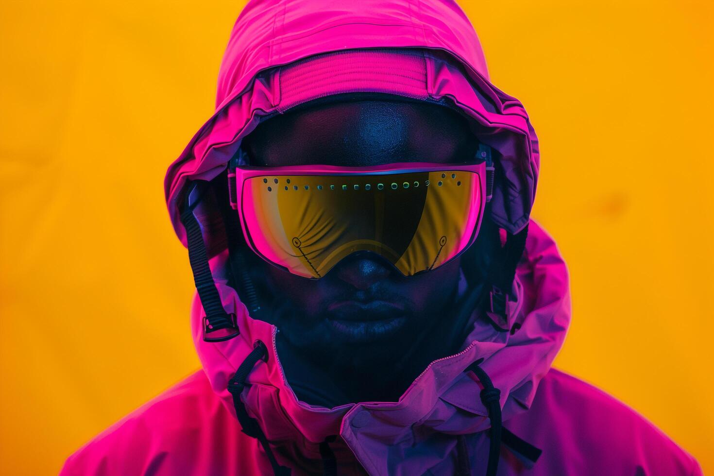 Trendy Jacket Style by Male Fashion Model with Neon pink Ski Mask and Neon Yellow Background Fashion Forward photo