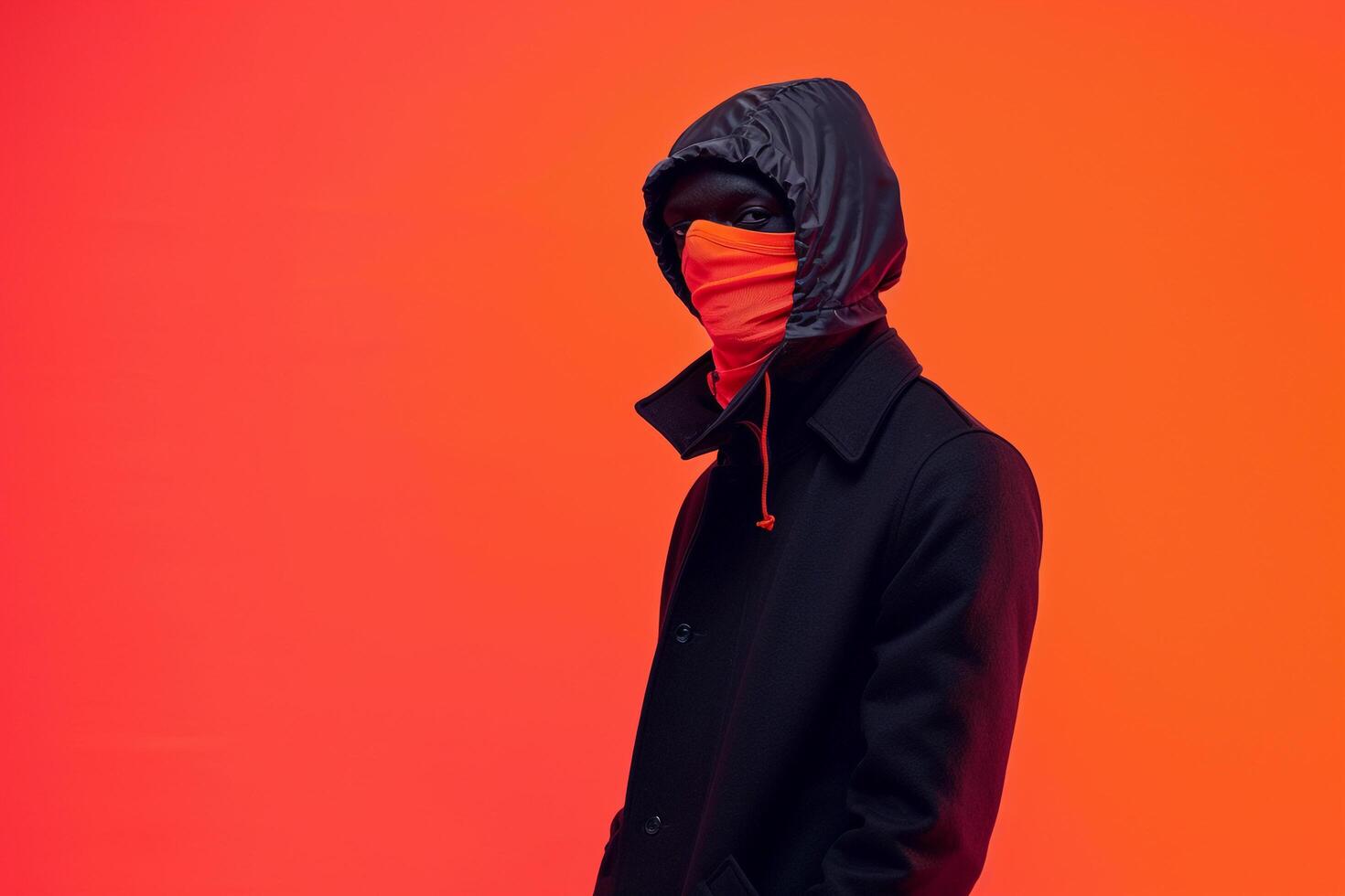Trendy Overcoat and Neon Orange Sneaker Mask Highlight a Male Fashion Model Against Neon Coral Background Featuring a Chic portrait photo