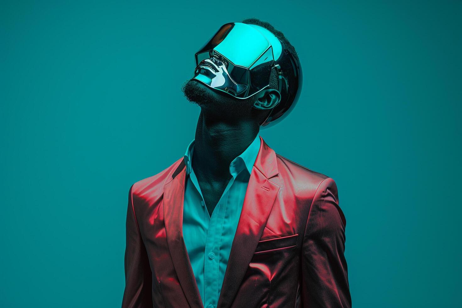 Trendy Suit by Male Fashion Model with Fashion Face Mask and Neon Teal Background Chic and Modern photo