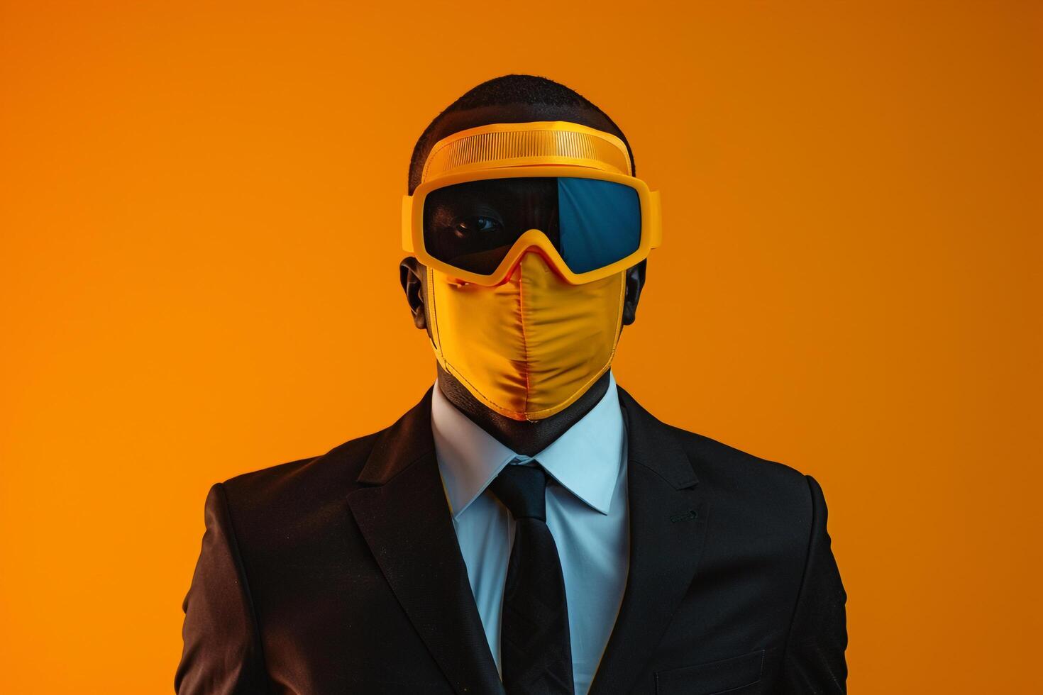 Tailored Suit by Male Fashion Model with Neon Yellow Ski Mask and Neon Orange Background Trendy and Fashionable photo