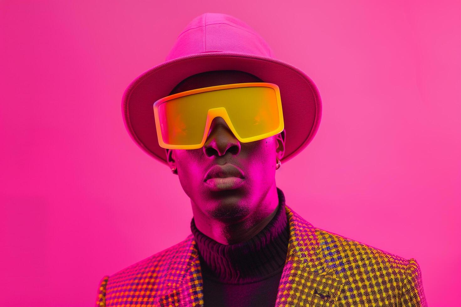 Trendy Blazer Look by Male Fashion Model with Neon Yellow Ski Mask and Neon pink Background Chic Style photo