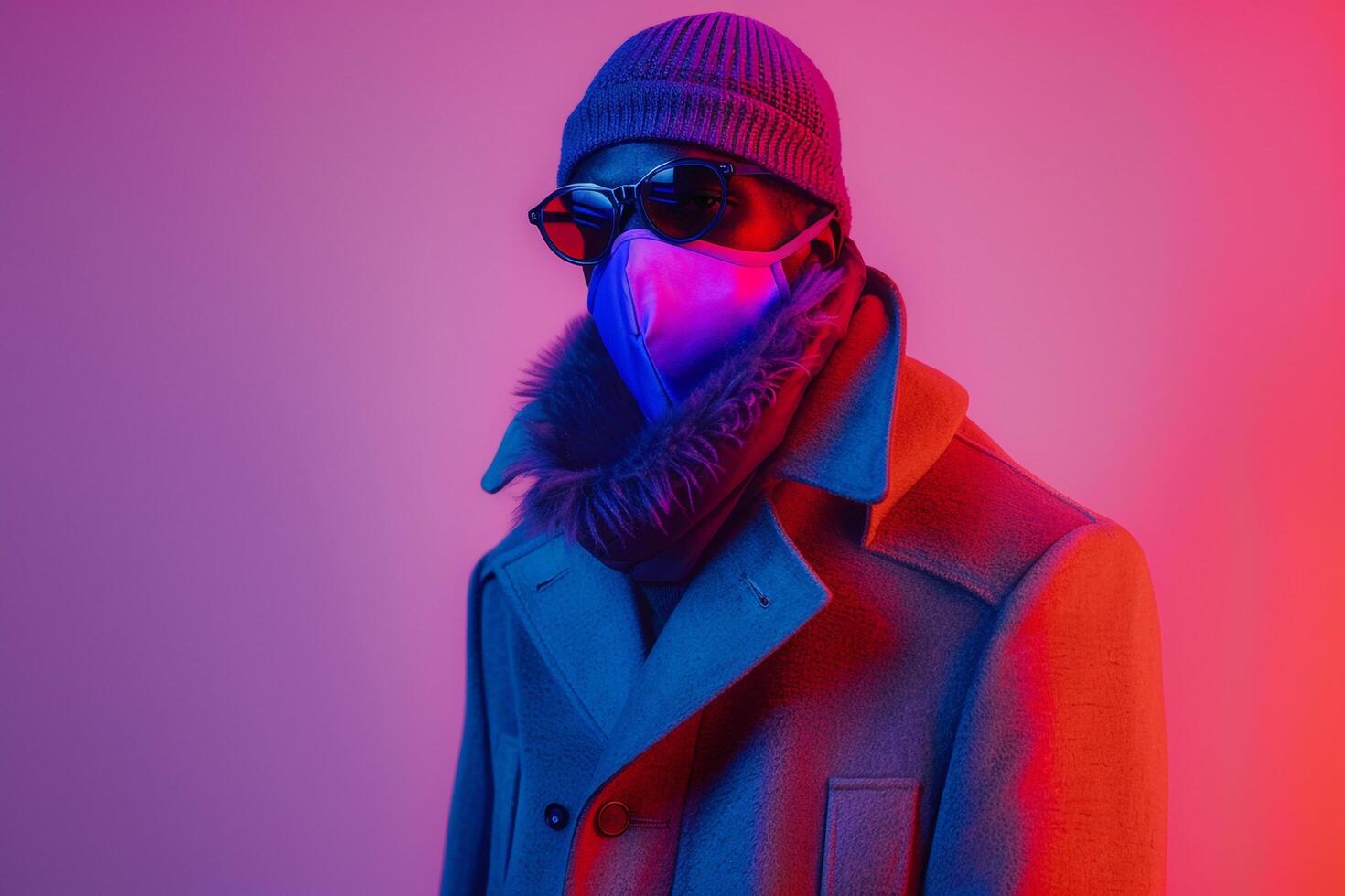 Trendy Overcoat by Male Fashion Model with Neon purple Ski Mask and Neon Coral Background Chic Fashion photo