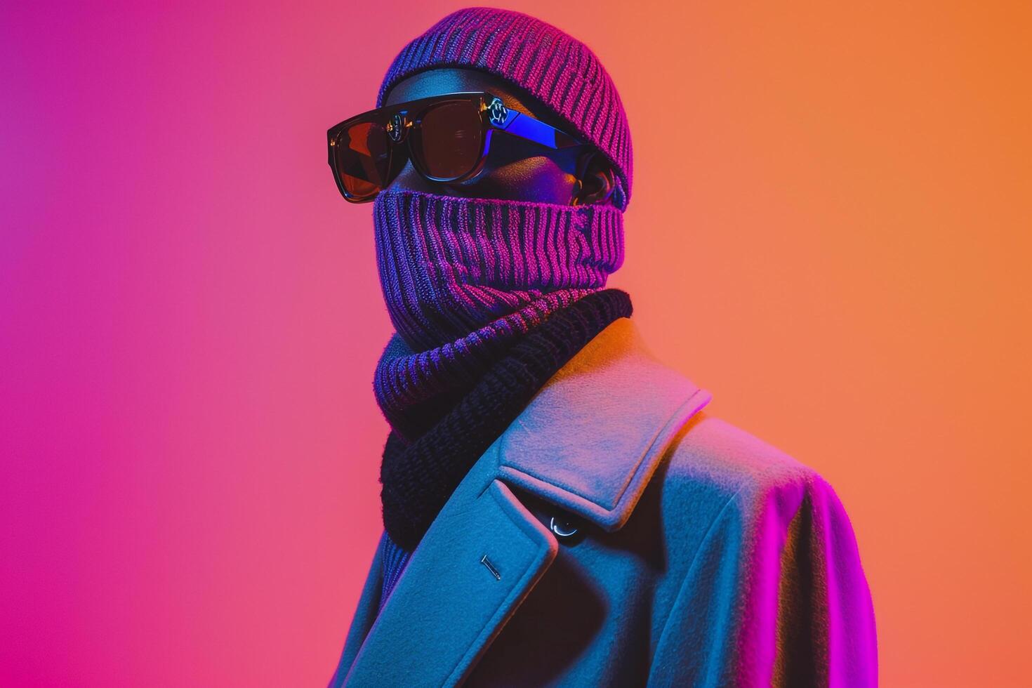 Trendy Overcoat with Neon purple Ski Mask and Neon Coral Background Modern Look photo