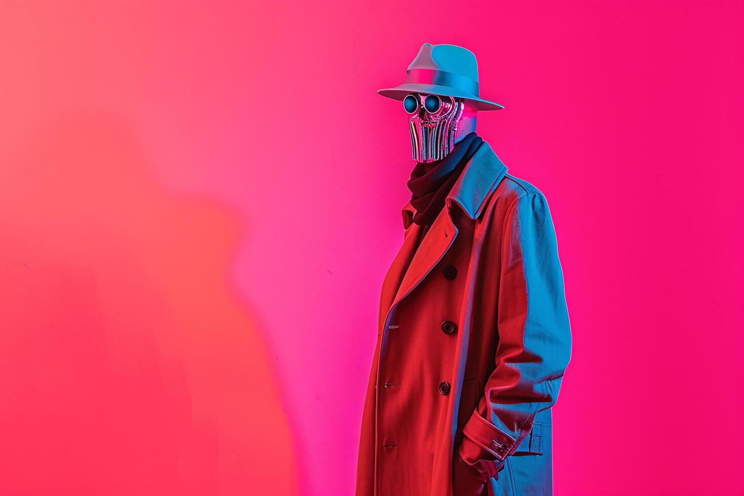 Trendy Overcoat by Handsome Male Fashion Model with Fashion Face Mask and Neon pink Background Chic Style photo