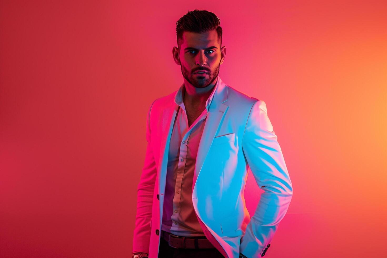 Trendy Blazer Look by Handsome Male Fashion Model with Neon Coral Background Stylish and Modern photo