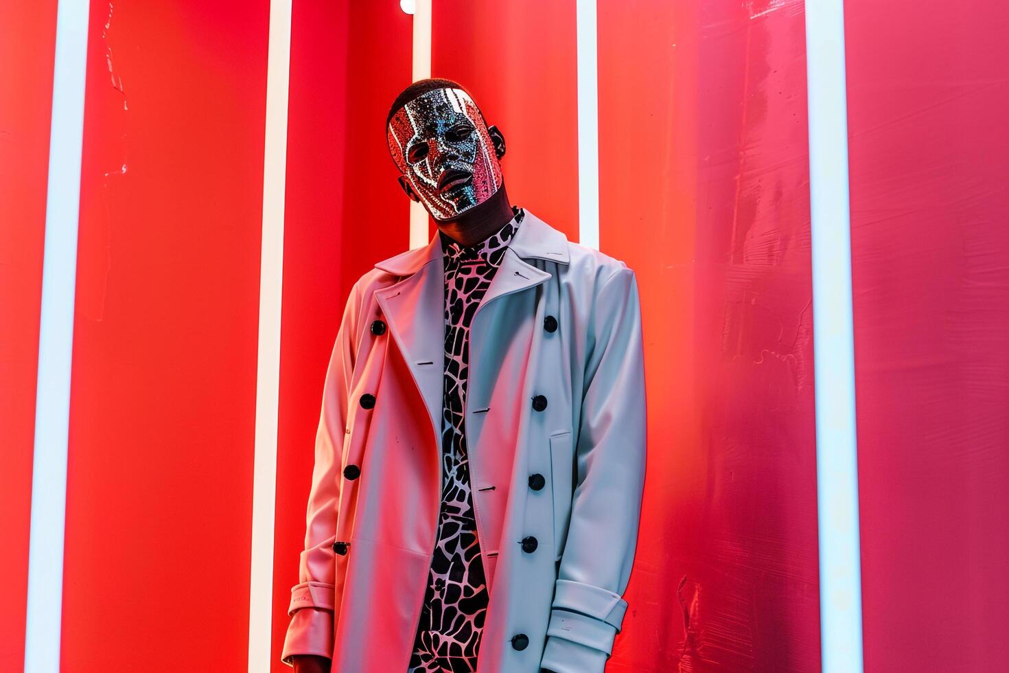 Casual Overcoat Fashion Model with Males Face Mask and Neon Coral Lifestyle Chic portrait Background photo