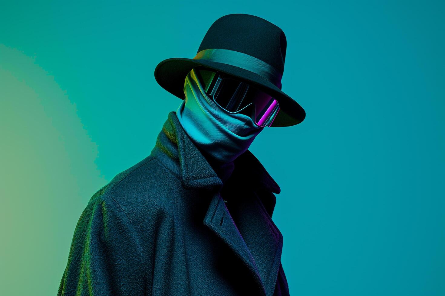 Fashion Model in Overcoat with Neon Teal Ski Mask and Neon Green Lifestyle Modern portrait Background photo