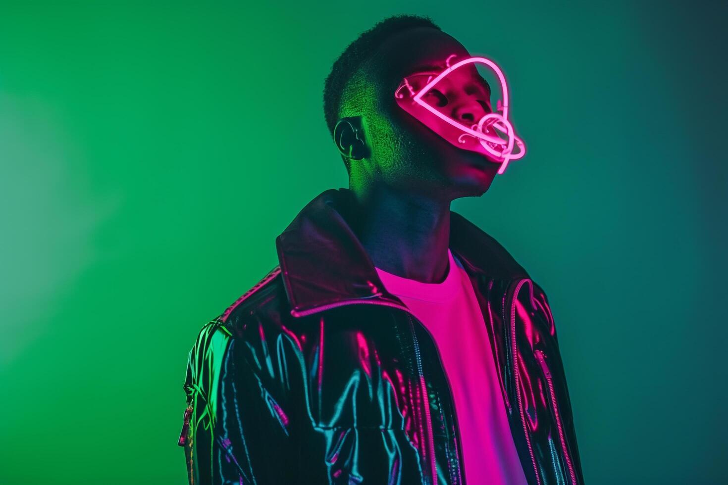 Casual Jacket Fashion Model with Neon pink Sneaker Mask and Neon Green Lifestyle Chic portrait Background photo