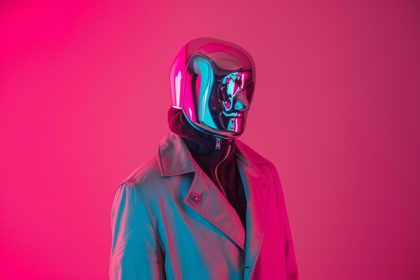 elegant Trendy Overcoat Fashion Model with Males Face Mask and Neon pink Lifestyle Fashionable portrait Background photo